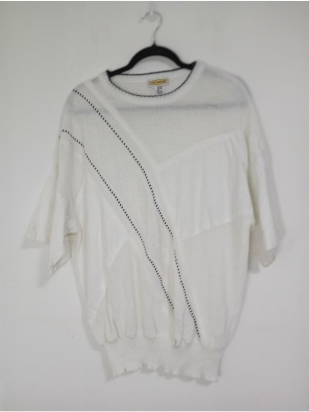 Technique Knit Pullover Black Trim Patchwork Design Size Large Womens White